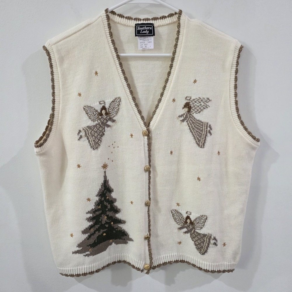 Vintage Southern Lady Womens‎ Ugly Christmas Sweater Vest Sz XL Cream Tree Angel